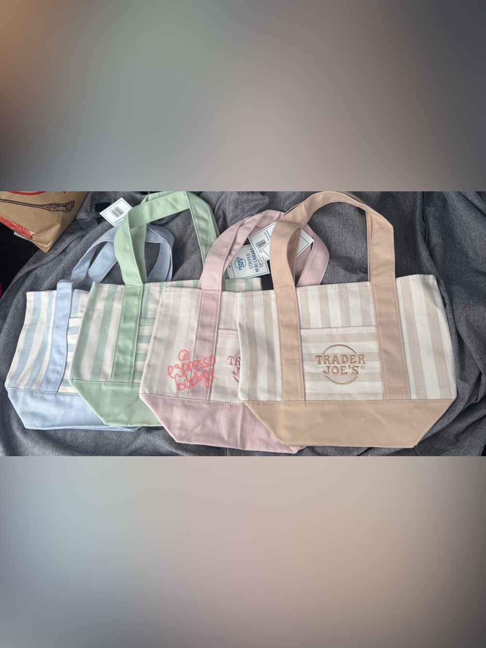 (Set of 4) Trader Joe’s Mini Canvas Tote Bags 💐Pastel Striped + TJ Poly Bag - Picture 2 of 3